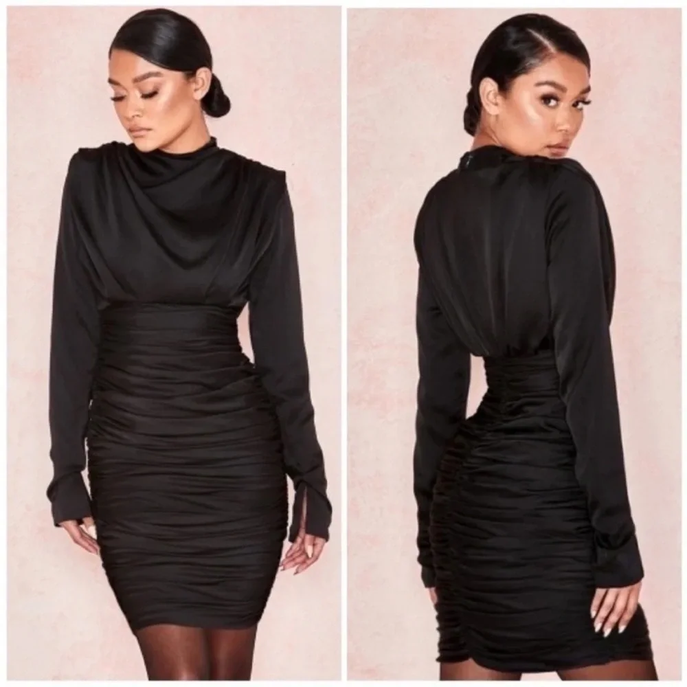 house of cb giorgiana dress black House of CB | Dresses | House Of Cb Giorgiana Satin Ruched Long Sleeve Mini Dress  Black Nwt